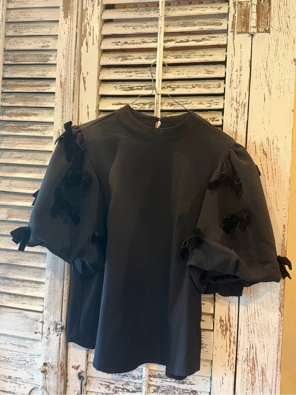 THML Black Puff-Sleeve Top with Bow Details